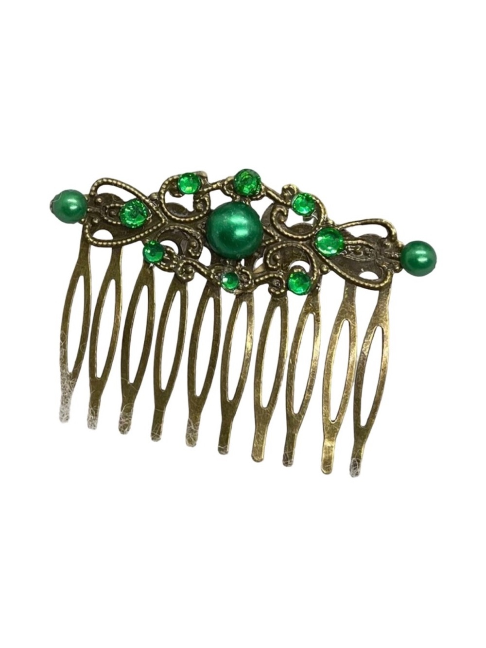 Elegant Crystal And Pearl Green and Gold Hair Comb 2.5”FINAL PRICE DROP